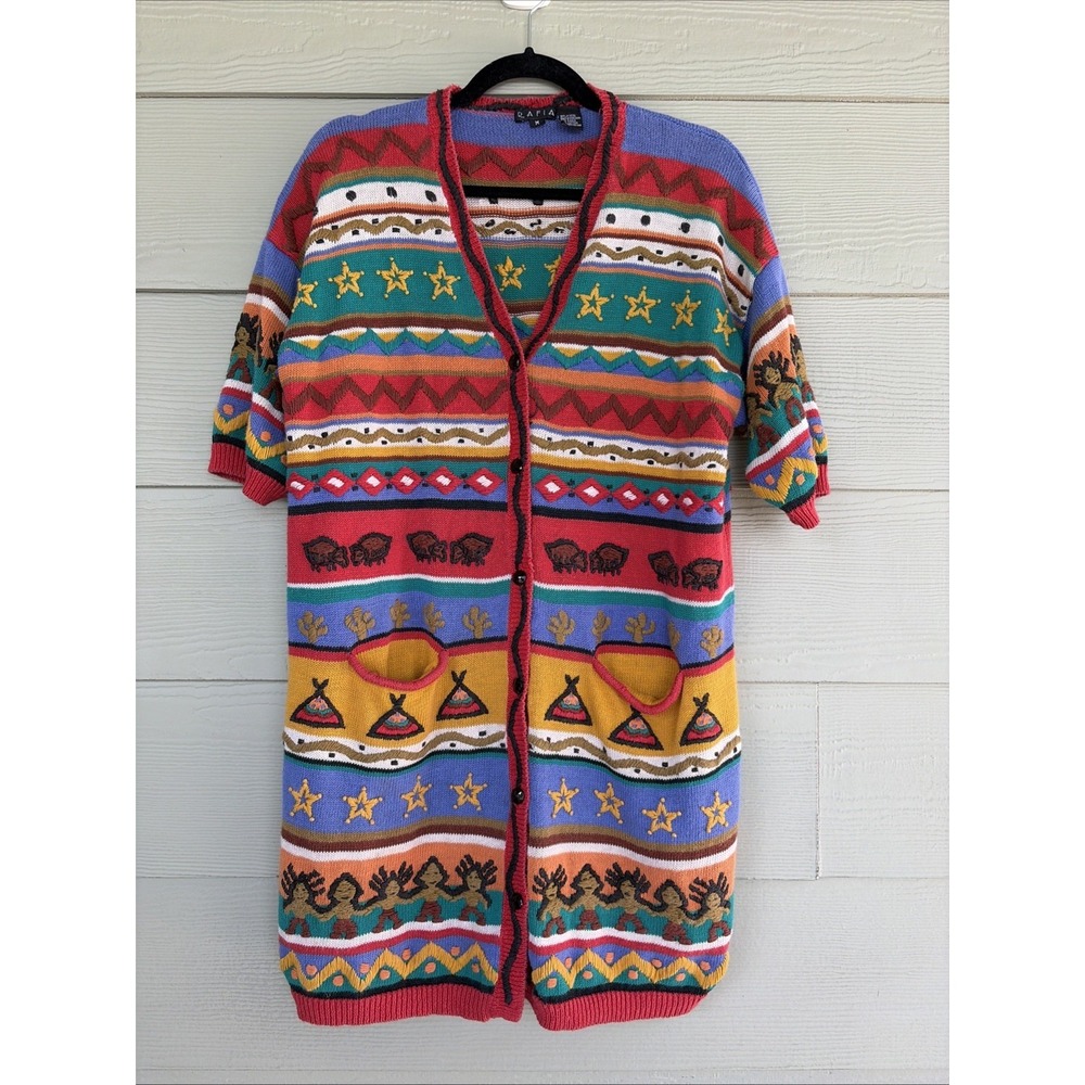 Vintage RAFIA Native American Southwestern Knit Button Front Cardigan Sweater M